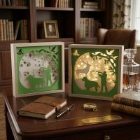 Une photographie réaliste et élégante, au format carré, présentant deux cadres lumineux en papier découpé sur le thème de la chasse, posés en évidence sur un bureau en bois verni de style classique. Les deux cadres partagent le même design dans les tons vert et blanc, représentant la silhouette d'un chasseur avec son fusil, un chien de chasse au premier plan, un cerf à l'arrière-plan, ainsi que des oiseaux en vol et de nombreuses petites étoiles. Le cadre de gauche montre le motif de jour avec un fond blanc éteint, tandis que le cadre de droite est illuminé de l'intérieur par une lumière jaune chaude et tamisée. Sur le bureau en cuir marron, on trouve également un carnet en cuir fermé, un stylo plume élégant, une boussole dorée, des livres anciens empilés, une carafe en cristal remplie de whisky avec son verre, et une plaque en laiton gravée. En arrière-plan, une bibliothèque en bois sombre remplie de livres et un fauteuil club en cuir marron complètent l'ambiance chaleureuse d'un bureau ou d'un salon d'adulte.
