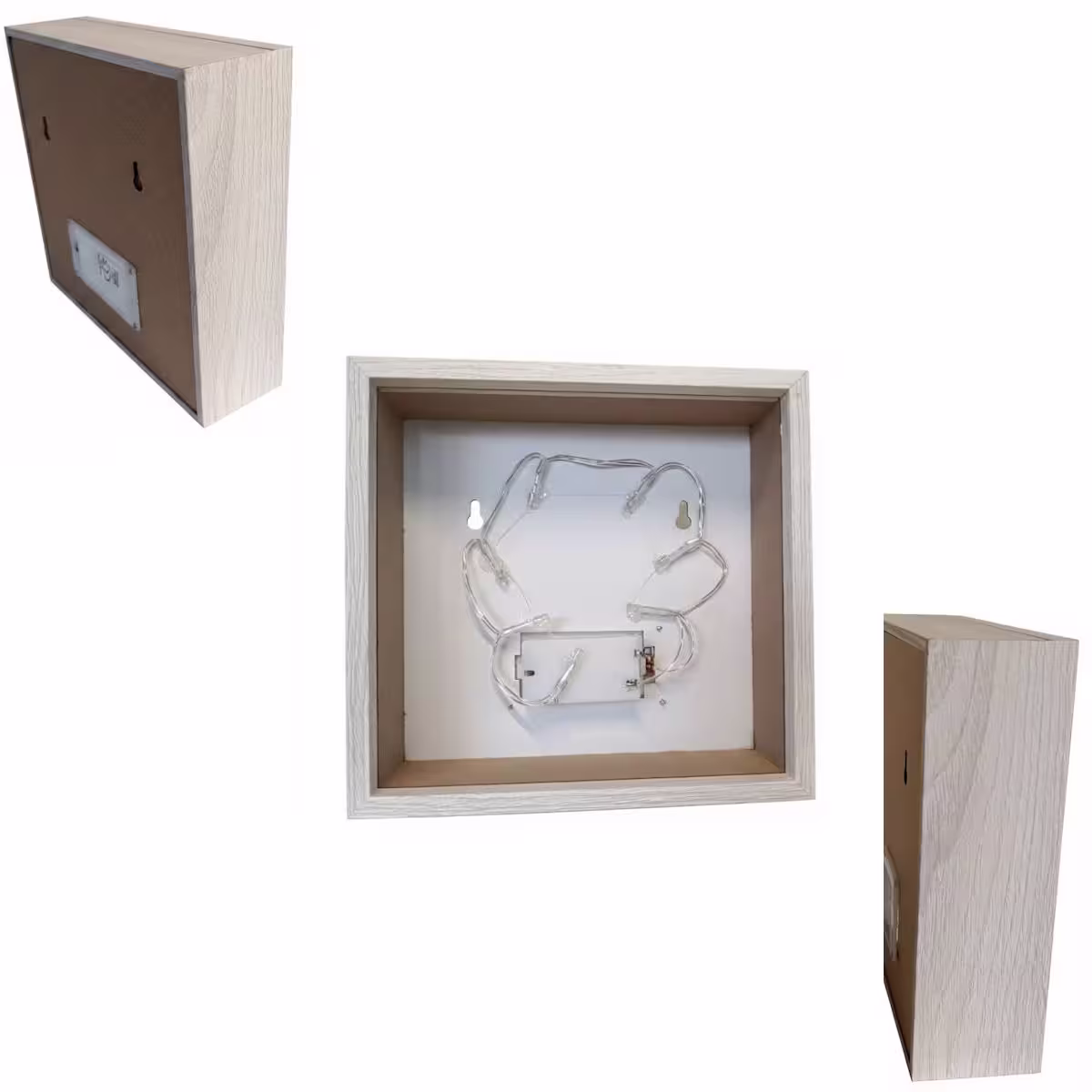 Vues arrière et de profil d'un cadre lumineux en bois de chêne clair. On aperçoit le boîtier à piles, le ruban LED intérieur disposé en boucle, et les encoches de fixation murale au dos du cadre. cadoriginaux