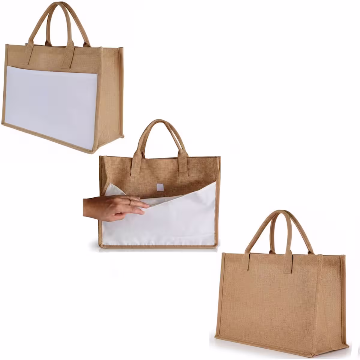 Montage de trois vues d'un sac cabas en toile de jute avec anses en coton marron. En haut à gauche, vue de trois-quarts montrant la zone de marquage blanche. Au centre, une main ouvre la poche avant à velcro pour montrer l'espace de rangement. En bas à droite, vue du dos du sac en toile de jute naturelle unie. cadoriginaux