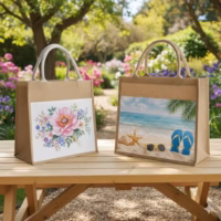 sac en toile de jute personnalisé. Deux sacs cabas en toile de jute personnalisés posés sur une table de jardin en bois. Le sac de gauche présente une impression florale avec une grande pivoine rose, et celui de droite une scène de plage avec mer bleue, étoile de mer et lunettes de soleil. En arrière-plan, un jardin fleuri avec des fleurs violettes et roses. cadoriginaux
