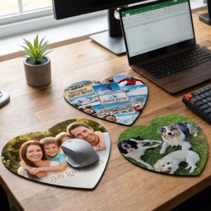 Tapis de souris design. Trois tapis de souris cœur personnalisés exposés sur un bureau en bois à côté d'un ordinateur portable. Les modèles présentent les designs de famille, d'animaux et de vacances. Une souris grise est posée sur l'un d'eux pour illustrer l'utilisation réelle. cadoriginaux
