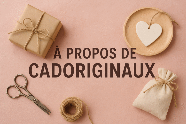 Photo réaliste illustrant CadOriginaux, atelier artisanal français de cadeaux personnalisés faits main à Vignoux-sur-Barangeon. On y voit un paquet cadeau en kraft, des ciseaux et des éléments décoratifs sur fond rose, représentant la passion de Priscilla pour le travail manuel et la personnalisation. Chaque création incarne le savoir-faire français, la qualité et l’authenticité du fait main.