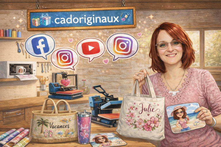 Illustration d'une créatrice souriante dans son atelier artisanal « Cadoriginaux ». Elle présente des produits personnalisés : un tote bag au nom de Julie et un tapis de souris illustré. À l'arrière-plan, on aperçoit une imprimante à sublimation, des presses à chaud et des bulles flottantes avec les logos Facebook, Instagram et YouTube. cadoriginaux