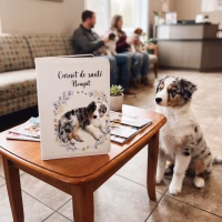Protège carnet de santé animaux fait main. Dans une salle d'attente de clinique vétérinaire, un carnet de santé personnalisé est posé debout sur une table basse en bois. Il est blanc avec une couverture en cuir et porte l'inscription 'Carnet de santé Nougat' au-dessus d'une couronne de fleurs et d'empreintes de pattes, encadrant une photo d'un chiot Berger Australien bleu merle. Assis sur le carrelage à côté de la table, le vrai chiot Berger Australien regarde le carnet. En arrière-plan flou, un couple assis sur un canapé et un comptoir d'accueil sont visibles.