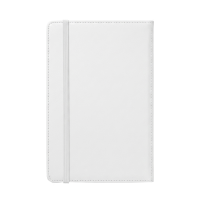 Vue d'un étui à documents blanc fermé, identique à l'image 3, mais avec un élastique de fermeture blanc maintenu sur le côté droit par une couture.