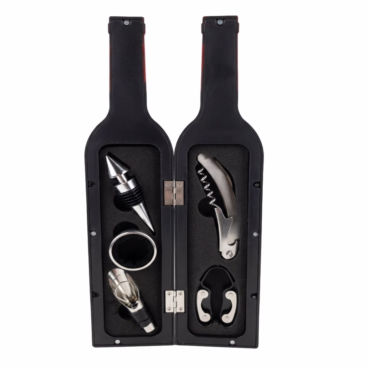 Vue de l'intérieur du coffret sommelier ouvert révélant 5 accessoires en acier inoxydable logés dans une mousse noire : tire-bouchon, bouchon, bec verseur, anneau anti-goutte et coupe-capsule.