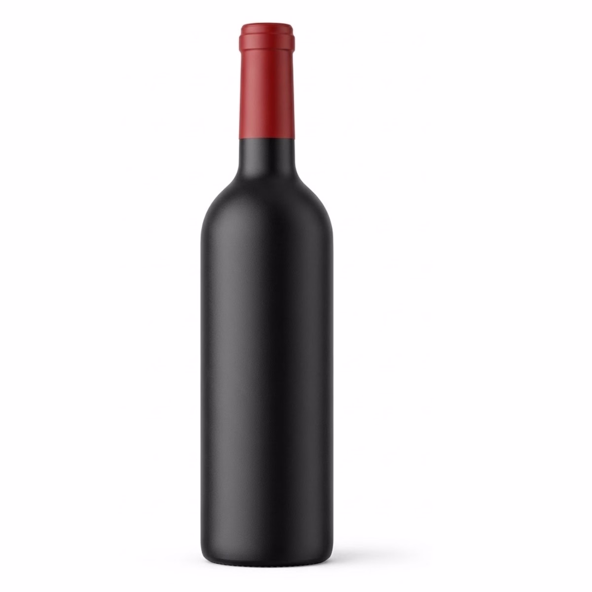 Coffret cadeau pour le vin en forme de bouteille de vin noir mat avec un col rouge, présenté fermé sur un fond blanc uni.