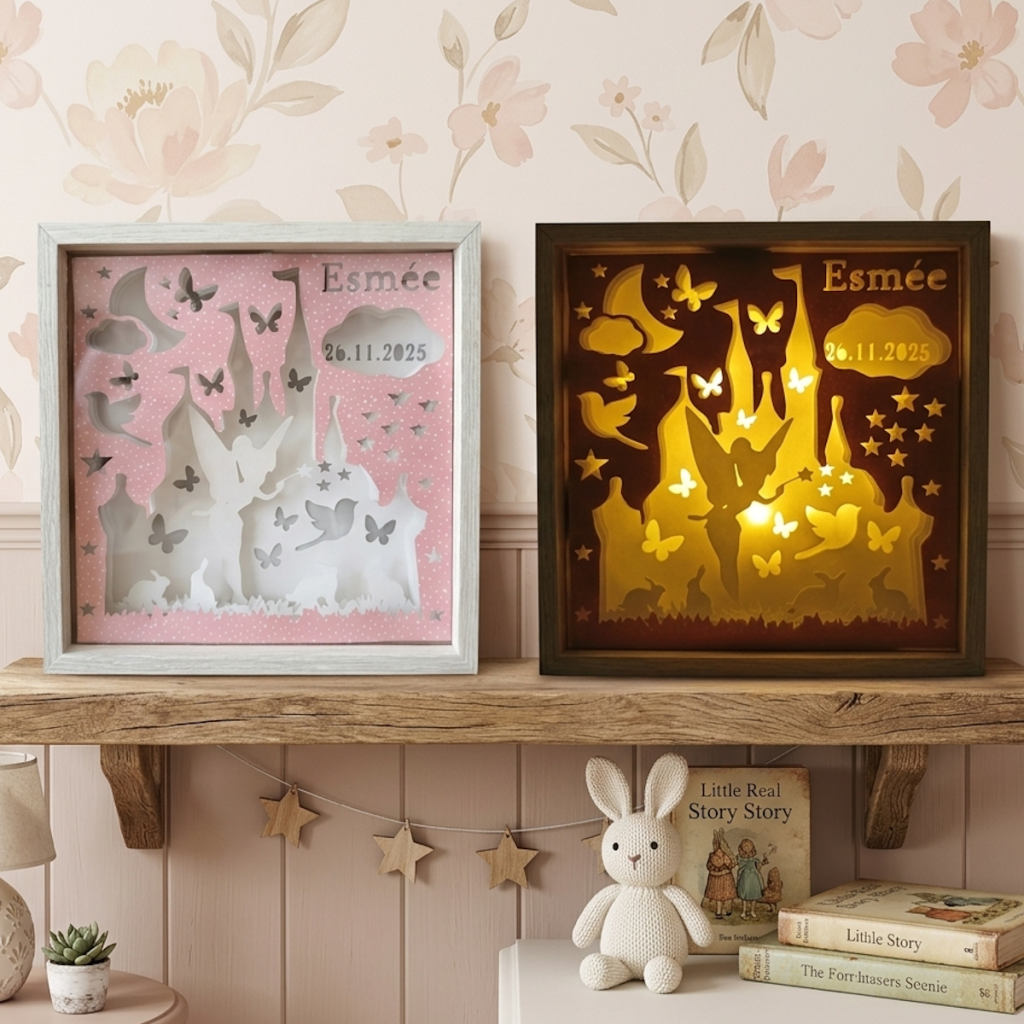 Une photographie d'ambiance montrant deux versions côte à côte d'une boîte à lumière en papier découpé personnalisée reposant sur une étagère en bois rustique dans une chambre d'enfant. Le fond est un papier peint à motif floral délicat de couleur rose pastel. La boîte de gauche possède un cadre en bois blanchi. À l'intérieur, les couches de papier découpé forment un paysage féerique blanc sur un fond rose : un château détaillé, une silhouette de fée, un croissant de lune, des nuages, des étoiles, des papillons, des oiseaux et des lapins. Le prénom « Esmée » et la date « 26.11.2025 » sont écrits en haut à droite. Cette version n'est pas allumée. La boîte de droite possède un cadre en bois brun foncé. Elle contient exactement le même design découpé, mais elle est allumée de l'intérieur par une lumière chaude et jaune doré. La lumière fait briller intensément les silhouettes et le nom, créant une ambiance magique et feutrée. Sous l'étagère, sur une surface blanche, on voit un lapin en peluche tricoté blanc, un livre de contes intitulé « Little Real Story Story » et une pile d'autres livres anciens. Une guirlande d'étoiles en bois est suspendue au bord de l'étagère.