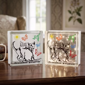 Décoration luminaire personnalisé. Deux blocs de verre décoratifs posés sur une table en bois. Chaque bloc est illustré d'un dessin de deux chats en noir et blanc, entourés de papillons colorés, d'un oiseau et d'un soleil, avec l'inscription « Freesbee & Gypsie » en bas. Le bloc de droite est illuminé de l'intérieur par une guirlande lumineuse LED à micro-lucioles, tandis que celui de gauche est éteint.