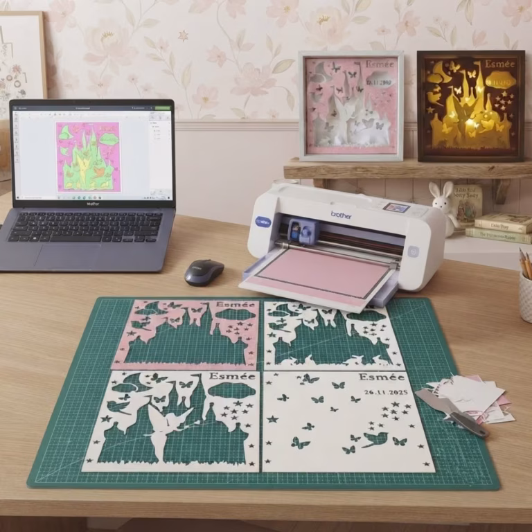Vue d'ensemble de l'atelier de création d'un cadre lumineux personnalisé. Sur un bureau en bois, un ordinateur portable affiche le design vectoriel des quatre couches de papier (prénom 'Esmée', date '26.11.2025', château, fée, papillons, étoiles). Une machine de découpe ScanNCut est prête à l'action. Au premier plan, les quatre feuilles de papier prédécoupées sont disposées à plat sur un tapis de découpe quadrillé vert, prêtes à être assemblées. En arrière-plan, sur une étagère, deux exemplaires du cadre sont présentés : l'un éteint avec les papiers superposés, l'autre allumé révélant un effet 3D magique et lumineux. Des outils de précision (scalpel, spatule) et des chutes de papier parsèment la table, illustrant le travail artisanal en cours.